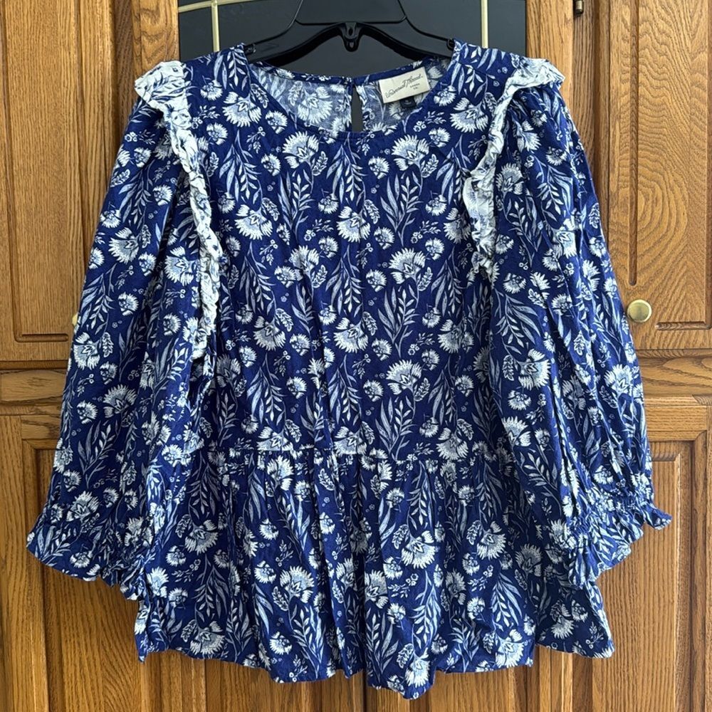 Universal Thread Peplum Blue Floral Balloon Sleeves Blouse with ruffles